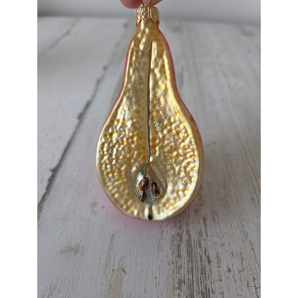 Vintage radko glitter barlett half pear fruit glass ornament gold Xmas tree